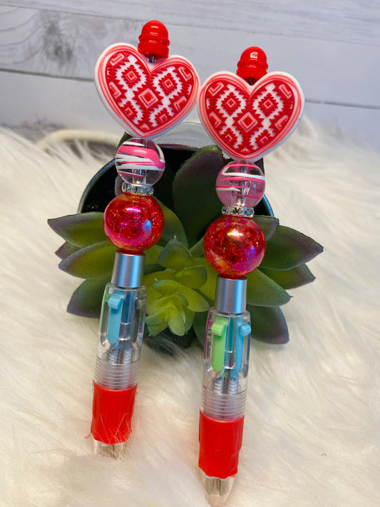 Pink and Red Clicker Aztec Heart Pen